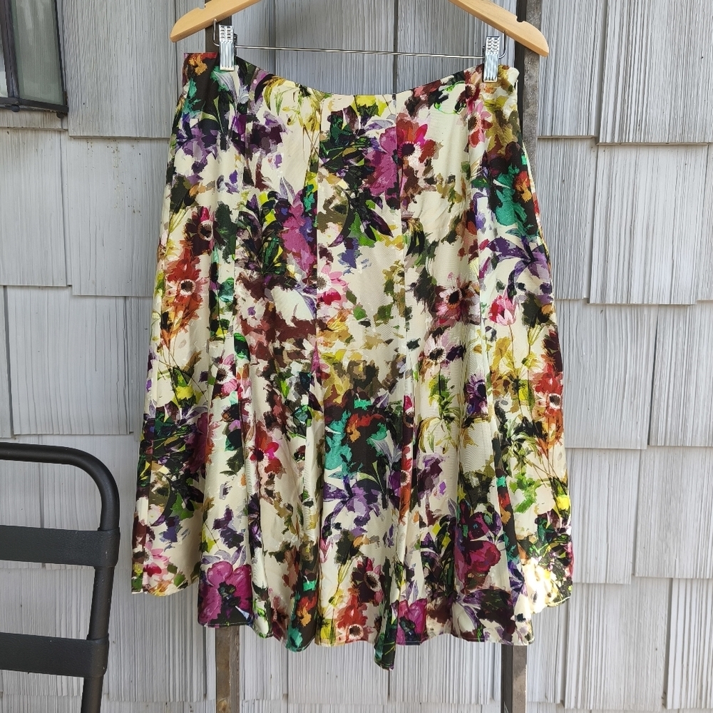 Brooks Brothers 100% Silk Fit Flare Floral Faille Knee Length Skirt sz 8 Cream